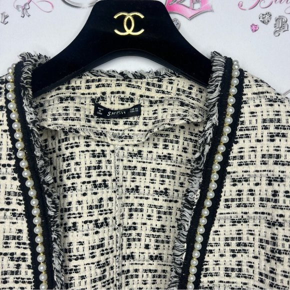 SHEIN blazer with faux pearl trim sparkly cream and black stunning tweed fabric - Picture 3 of 11